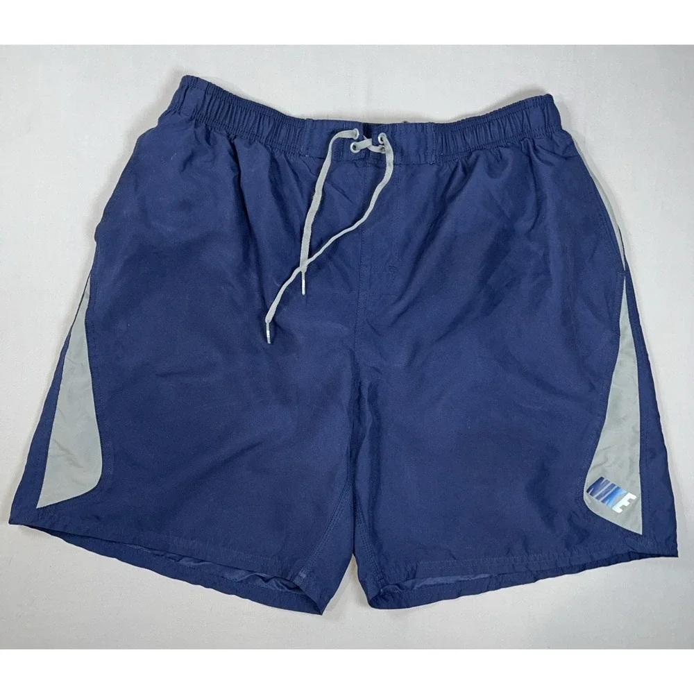 Vintage Nike Swim Shorts Mens 2XL Blue Gray Spell Out Logo Athletic Trunks Y2K